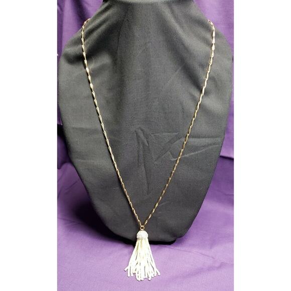 Baublebar Signed Long Gold Tone, Faux Pearl & Rhinestone Accent Tassel Necklace - Picture 2 of 12